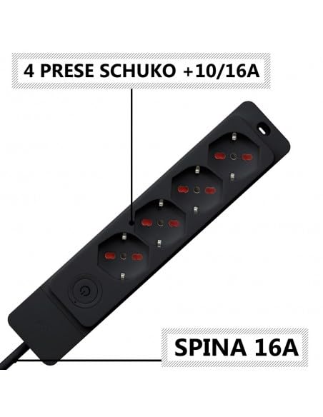 ROSI Multipresa Serie Emilia Specialist, 6 Prese Bivalenti Schuko 10/16A, Cavo 1,5m, Interruttore Bipolare, Nero