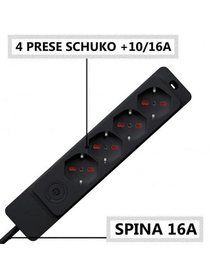 ROSI Multipresa Serie Emilia Specialist, 6 Prese Bivalenti Schuko 10/16A, Cavo 1,5m, Interruttore Bipolare, Nero