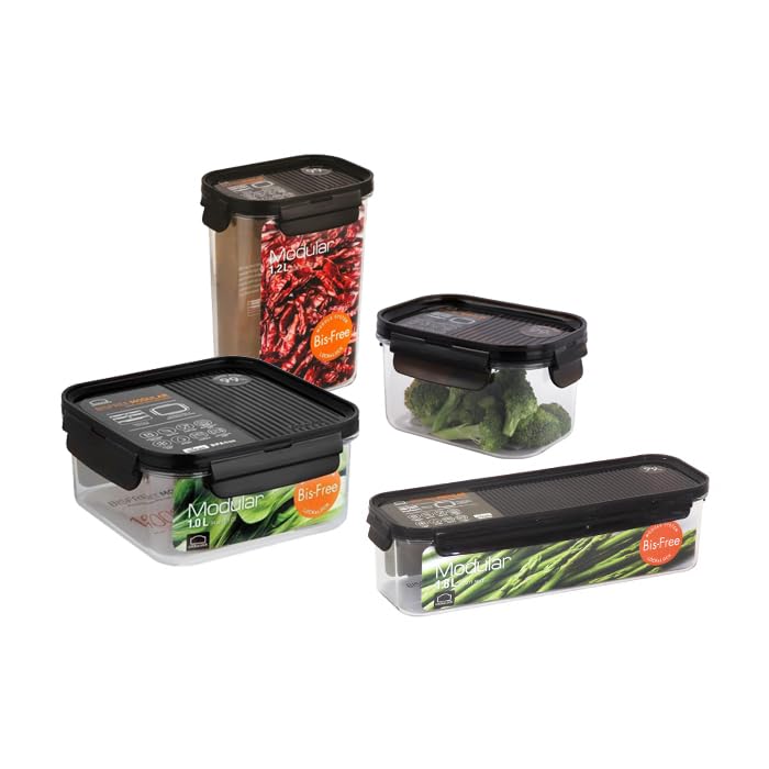 LocknLock Set 4 Contenitori Modulari, Plastica Tritan Senza BPA, Ermetici e Impilabili, per Conservazione Alimenti, con Sistema di Bloccaggio a 4 Lati, Adatti per Microonde e Congelatore