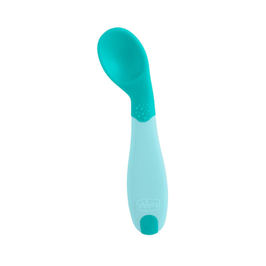 Chicco, Primo Cucchiaio, Cucchiaio Neonato per lo Svezzamento, Piccolo e Leggero, con Forma Angolata e Impugnatura Ergonomica per Imparare a Mangiare in Autonomia, per Bambini 8 Mesi+, Azzurro