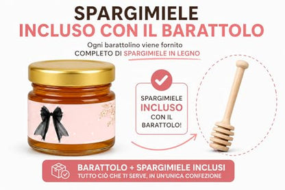 10 Mini Vasetto di Miele Personalizzato Segnaposto con Spargimiele non apllicato, Bomboniera Elegante in Vetro 28 g, Segnaposto Personalizzato, Miele per Eventi, Etichetta Personalizzata, Bomboniera