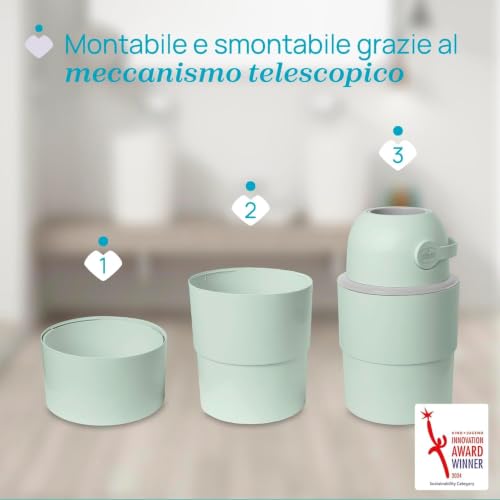 Chicco Mangiapannolini Telescopico Controlla Odori Compatto, Smaltimento Pannolini, Cestino Contenitore Pieghevole e Salvaspazio, Verde + 45 Sacchetti Odour off