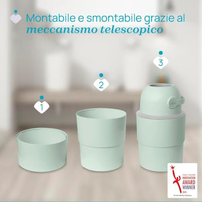 Chicco Mangiapannolini Telescopico Controlla Odori Compatto, Smaltimento Pannolini, Cestino Contenitore Pieghevole e Salvaspazio, Verde + 45 Sacchetti Odour off