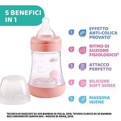 Chicco PERFECT 5 Biberon Anticolica 150 ml, Biberon Flusso Lento 0 Mesi + con Tettarella in Morbido Silicone, Biberon Biofunzionale con Intui-flow System da 150 ml, Rosa