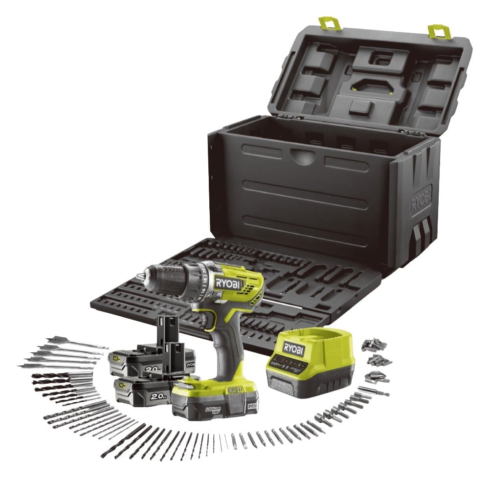 RYOBI R18DD3 Trapano Avvitatore 18V a Batteria, Con Valigia + 100 Accessori Inclusi | 2 Batterie 2,0Ah e Caricabatterie Rapido