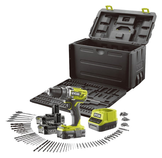 RYOBI R18DD3 Trapano Avvitatore 18V a Batteria, Con Valigia + 100 Accessori Inclusi | 2 Batterie 2,0Ah e Caricabatterie Rapido