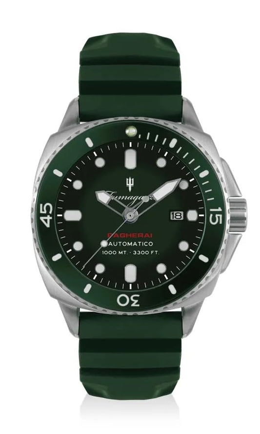 Generico FU248 Orologio da Polso Fumagazzi - Pagherai Verde Acciaio, ø 46 mm, Cinturino Morbido Silicone, Movimento Automatico, Water Resistant 1000 m