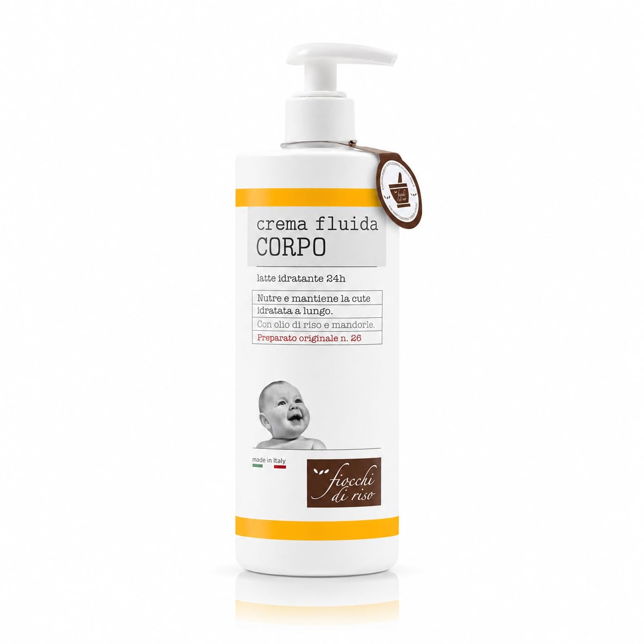 Fiocchi di Riso Crema Fluida Corpo, Latte Idratante 24h, con Olio di Riso e Mandorle, per Pelle Sensibile di Neonati e Bambini, 140 ml