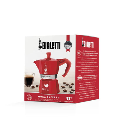 Bialetti Caffettiera Moka I Love Coffee 3 Tazze, Manico anti scottatura, Non adatta a induzione, 3 Tazze (130 ml), Limited Edition Rosso