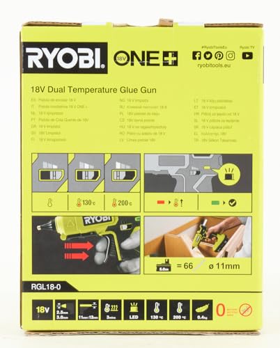 Ryobi RGL18-0, 18V hot glue gun with dual temperature, 200°C and 130°C, 18V ONE+ battery not included, for 11 and 12mm cartridges, heats up in 3 minutes