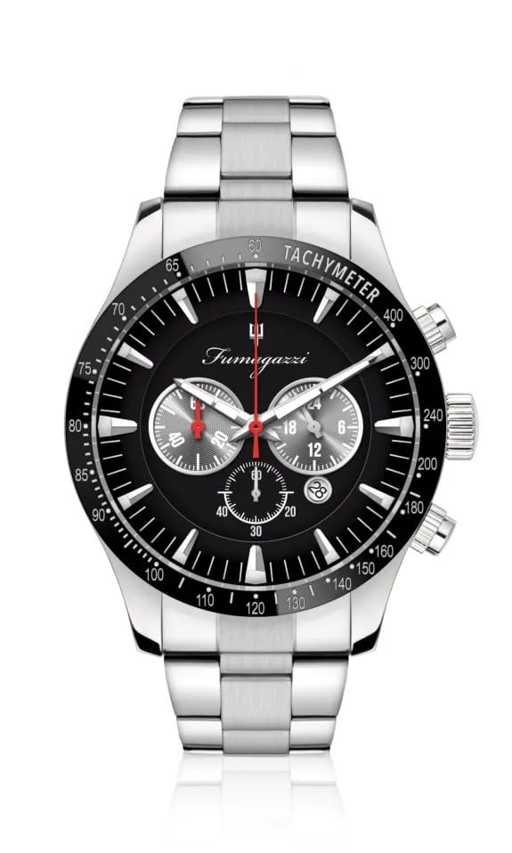 Generico FU002 Orologio da Polso Fumagazzi - Velocs “Acciaio”, ø 45 mm, Cinturino Acciaio Solido Lucido, Movimento Cronografo, Water Resistant 5 atm