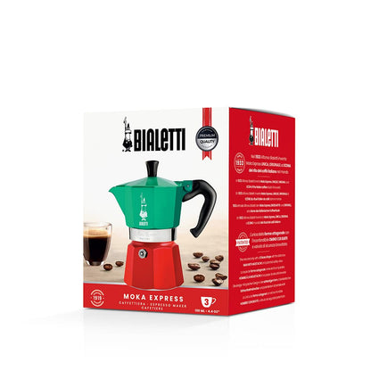 Bialetti Caffettiera Moka Express Tricolore, 3 Tazze, Manico anti scottatura, Non adatta a induzione, 3 (130 ml), Alluminio