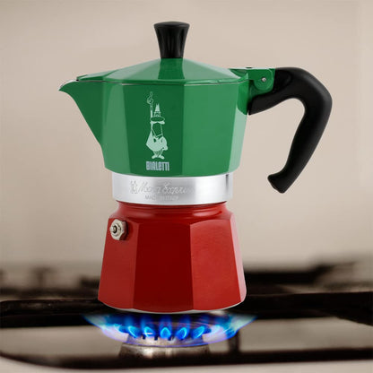Bialetti Caffettiera Moka Express Tricolore, 6 Tazze, Manico anti scottatura, Non adatta a induzione, 6 Tazze (250 ml), Alluminio