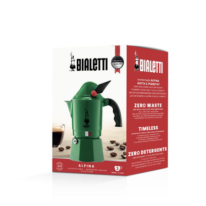 Bialetti Caffettiera New Break Alpina, Manico Anti Scottatura, In Onore Del Corpo Degli Alpini, Non Adatta a Induzione, 3 Tazze (130 ml), Alluminio, Verde
