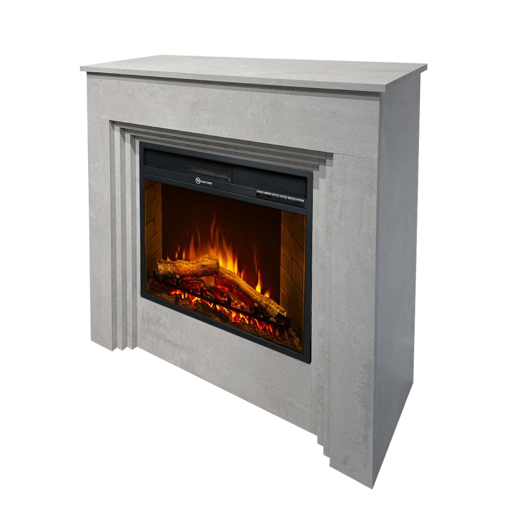 Camino elettrico caminetto da terra BELLINI in legno effetto Cemento Made in Italy L96 x P35 x H96