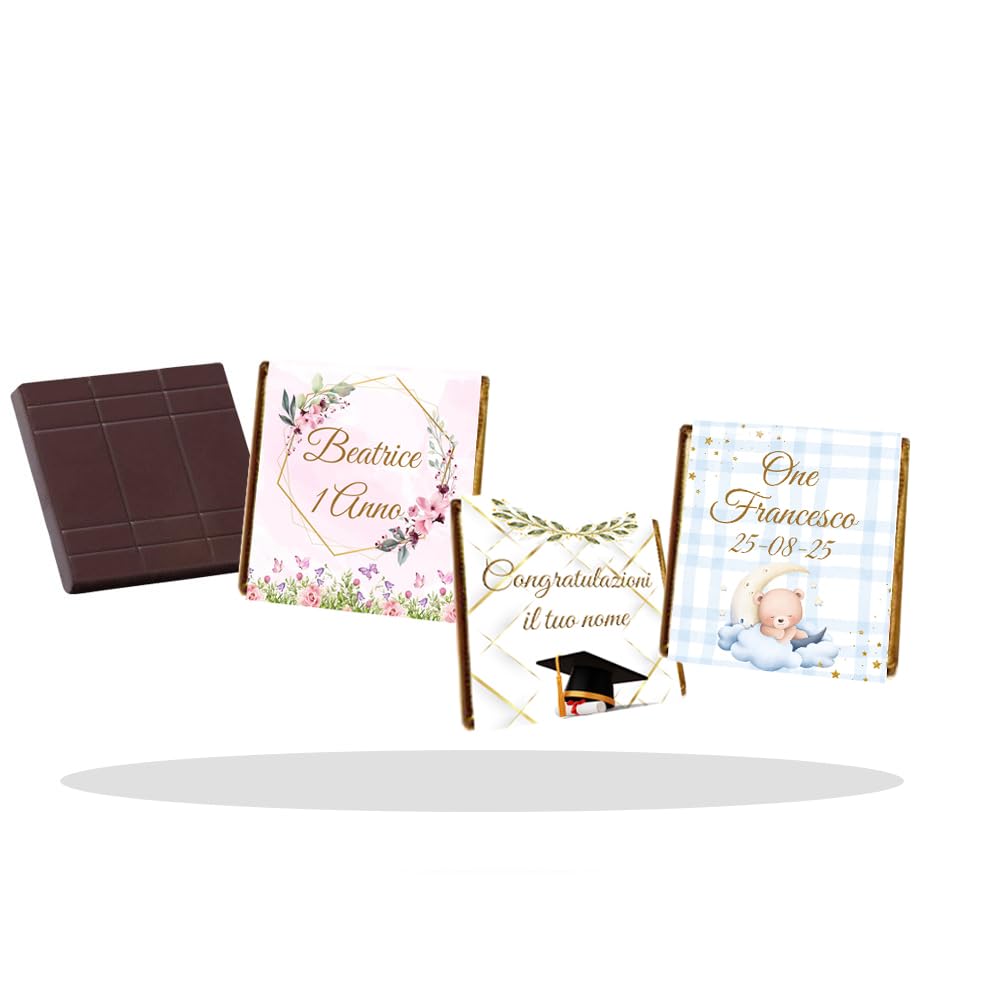 20 Cioccolatini Personalizzati Quadrati 35x35mm, Segnaposto per Battesimo, Comunione, Cresima, Nascita, Laurea