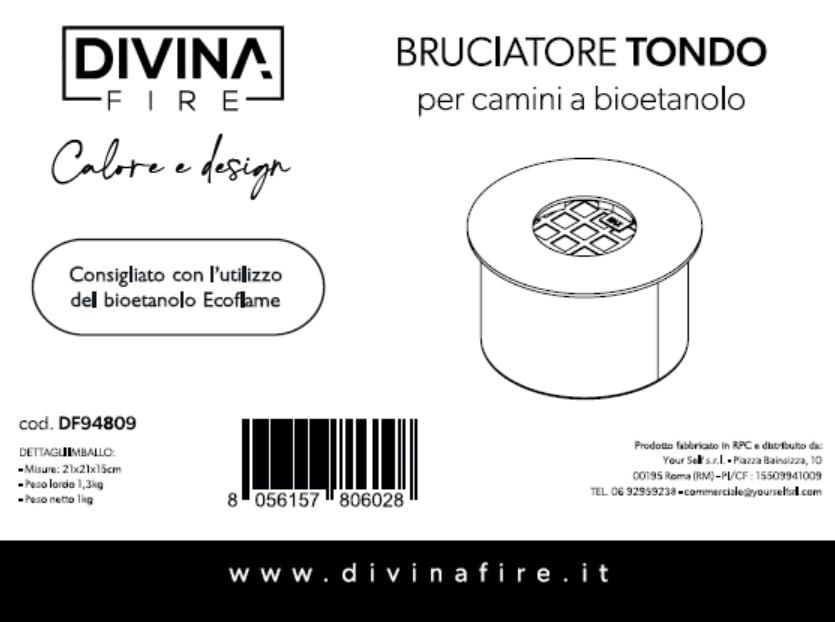 Divina Fire Bruciatore Tondo per Camino a bioetanolo biocamino Inox 1,5 lt d.17 cm