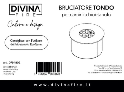 Divina Fire Bruciatore Tondo per Camino a bioetanolo biocamino Inox 1,5 lt d.17 cm