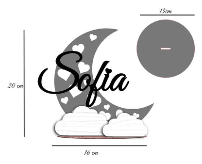 Topper Tema Luna in Legno 20cm Alezza, con Nome Personalizzabile. Scritta per Tavolo Torta, Allestimento ecc.