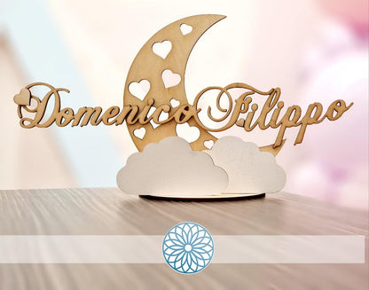 Topper Tema Luna in Legno 20cm Alezza, con Nome Personalizzabile. Scritta per Tavolo Torta, Allestimento ecc.