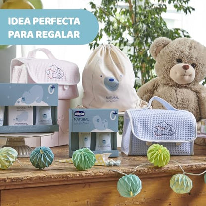 CHICCO Natural Sensation, Nappy Changing and Bathing Set with Cotton Beauty Case, Tears-Free Shampoo Bath 200 ml, Body Cream 150 ml, Soothing Paste 100 ml, Cleansing Wipes, Pink