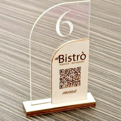 Segnatavolo in Plexiglass e Legno per Ristorante, Pizzeria, Bar, Trattoria | Segnaposto Numerato Personalizzato Intaglio Laser, con QR code per Menù on line e Logo Aziendale.