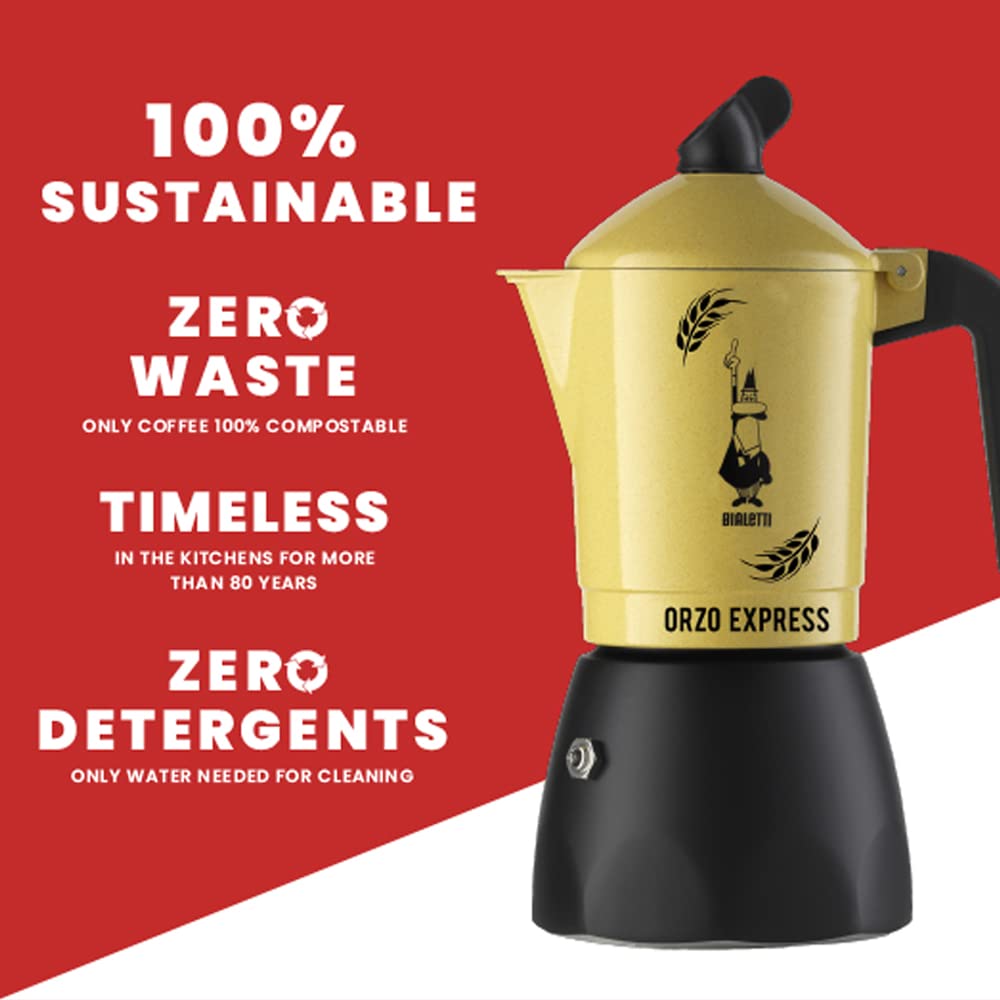 Bialetti Caffettiera Orzo Express, 2 Tazze, Pensata per preparare un Orzo Espresso, Non adatta a induzione, Giallo