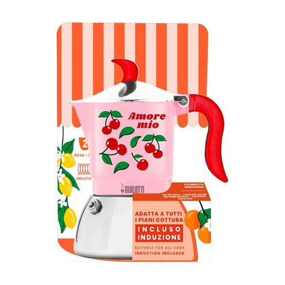 Bialetti Caffettiera Moka Induction Amore Mio 3 Tazze, Rossa con Ciliegie, Alluminio, 130 ml, Preparazione Caffè Espresso Manuale, adatta ai Piani Induzione