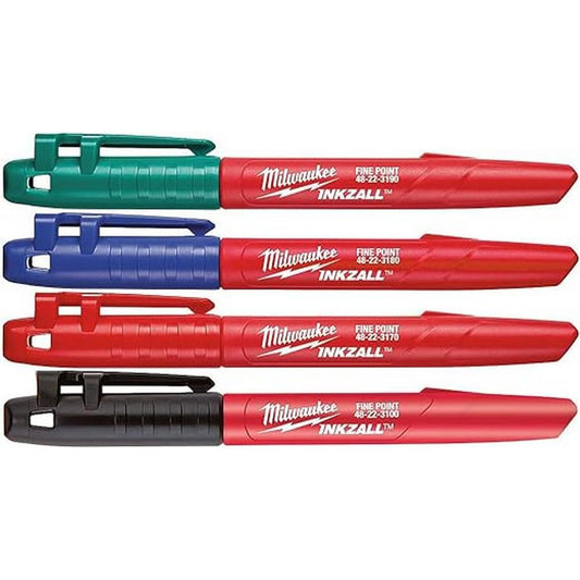 Milwaukee 4 Pennarelli Inkzall Assortiti Pennarello Indelebile a Punta Fine | Nero, Blu, Verde, Rosso