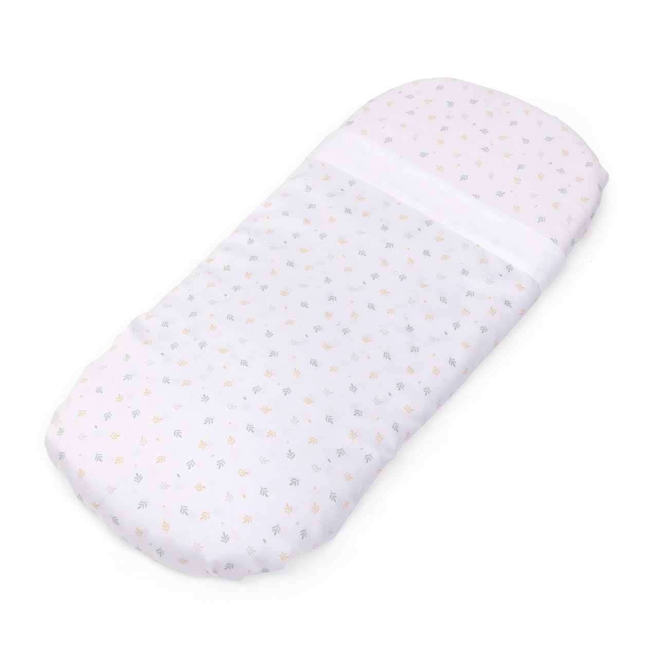 Chicco Set Lenzuola Universali per Navicella, 100% Bambù, Bianco con Motivo Foglie Grigie e Dorate, 36 x 79 cm, Lenzuolo con Angoli e Superiore