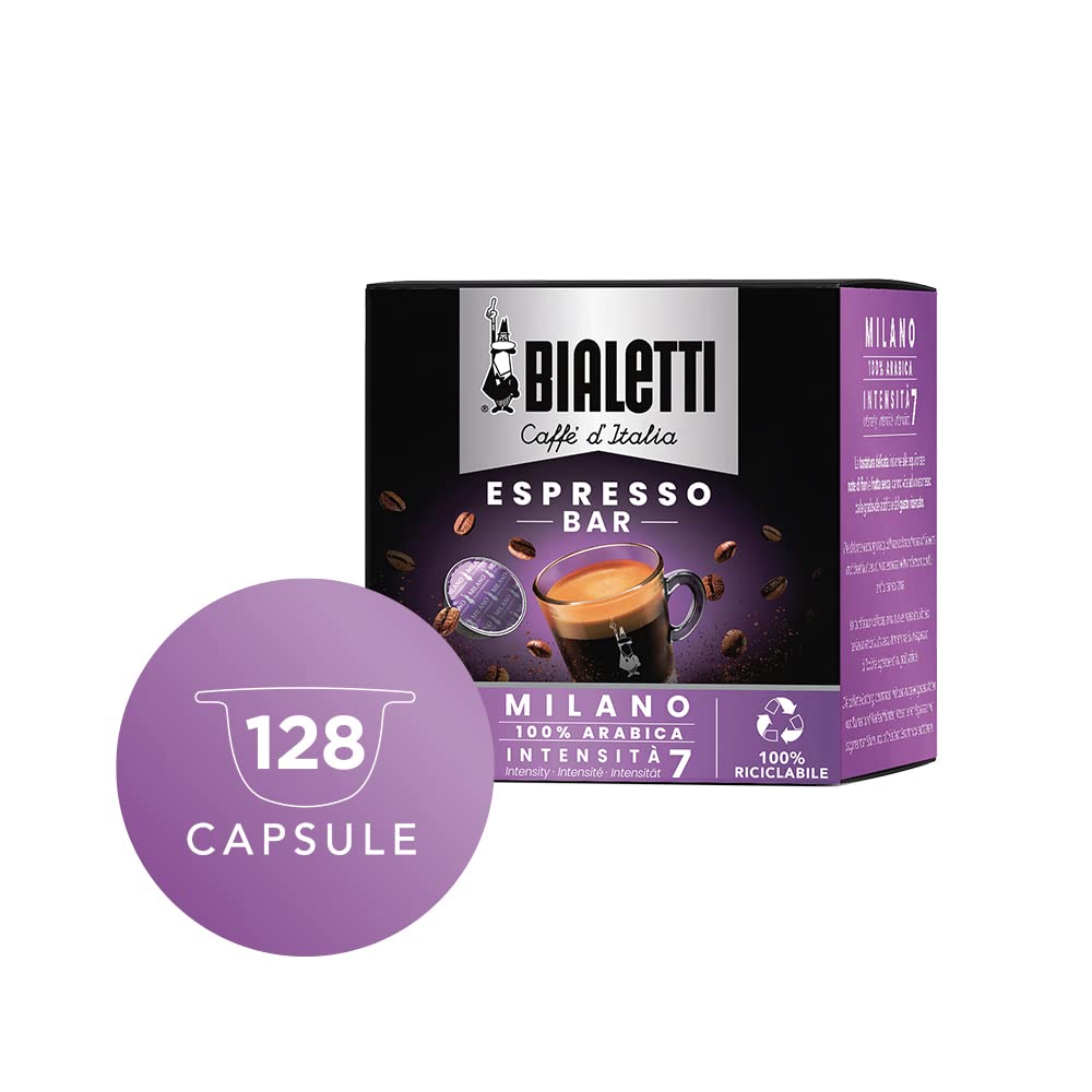 Bialetti Caffè d'Italia, Multipack 128 Capsule, 8 Box da 16 Capsule, Milano, Intensità 7, Compatibili con Macchine Bialetti sistema chiuso, 100% Alluminio