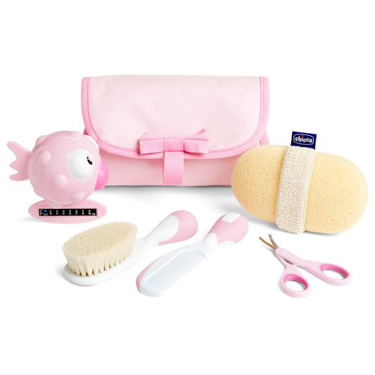 Chicco My First Beauty Set 5in1, Igiene Neonato, Prodotti Bagnetto, con Pettine, Spazzola, Frobicine per Unghie, Termometro da Bagno e Spugna, Accessori 0 Mesi, Rosa