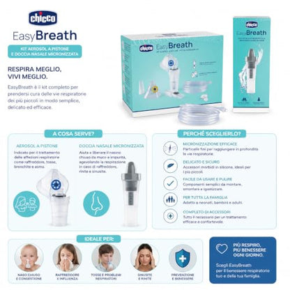 Chicco Kit Completo Aerosol a Pistone, con Mascherina Pediatrica e per Adulti, Ampolla Breath Enhanced, Boccaglio, Forcella Nasale, Filtri, e Doccia Nasale