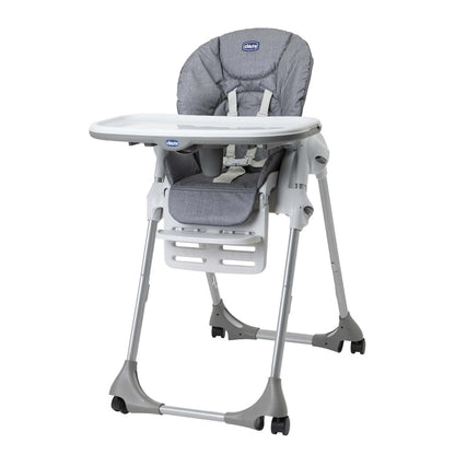 Polly Easy Evolutionary High Chair for Children from 6 Months to 3 Years (15 kg), Reclining High Chair with Adjustable Height and Footrest, 4 Wheels, Compact Folding - Gray Melange
