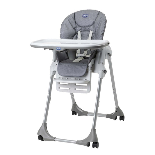 Polly Easy Evolutionary High Chair for Children from 6 Months to 3 Years (15 kg), Reclining High Chair with Adjustable Height and Footrest, 4 Wheels, Compact Folding - Gray Melange
