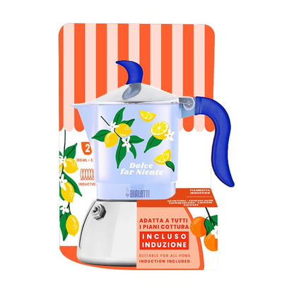 Bialetti Caffettiera Moka Fiammetta Induction Dolce Far Niente 2 Tazze, Blu con Limoni, Alluminio, 100 ml, Adatta ai Piani ad Induzione