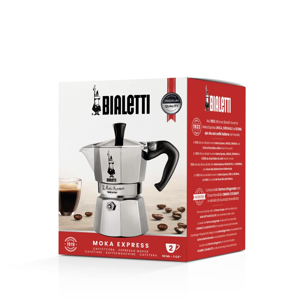 Bialetti Caffettiera Moka Express 2 Tazze, Manico anti scottatura, Non adatta a induzione, (90 ml), Alluminio