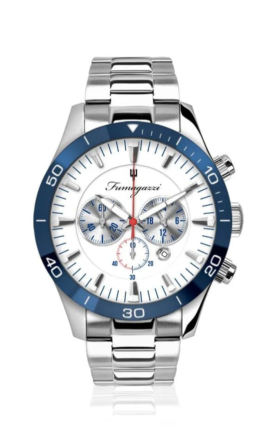 Generico FU062 Orologio da Polso Fumagazzi - AutoBlu Acciaio, ø 45mm, Cinturino Acciaio Lucido, Movimento Cronografo, Water Resistant 5 atm