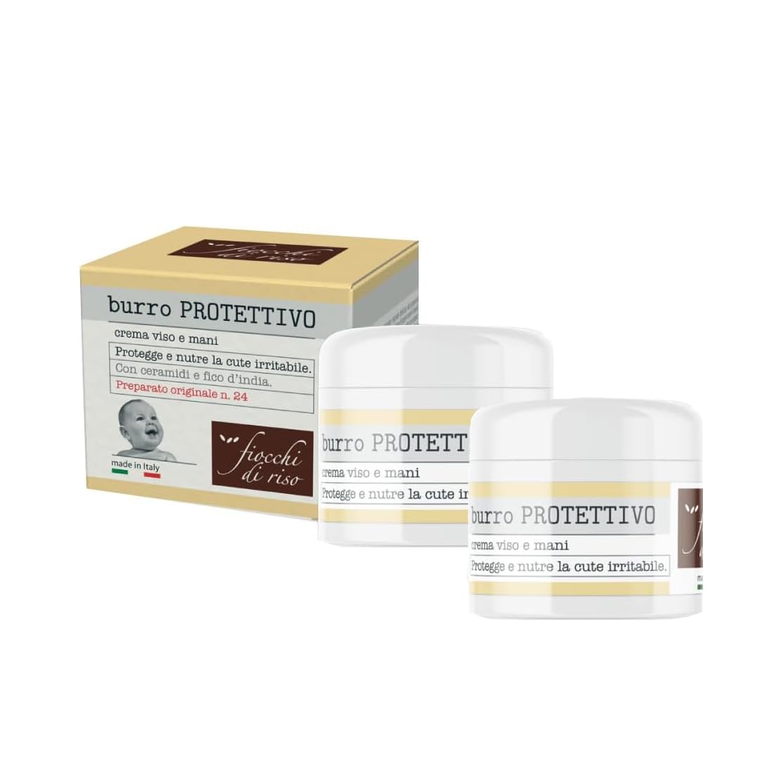 Fiocchi di Riso Burro PROTETTIVO, Crema Viso e Mani, con Ceramidi e Fico d'India, per Cute Sensibile, 2 Flaconi da 30 ml
