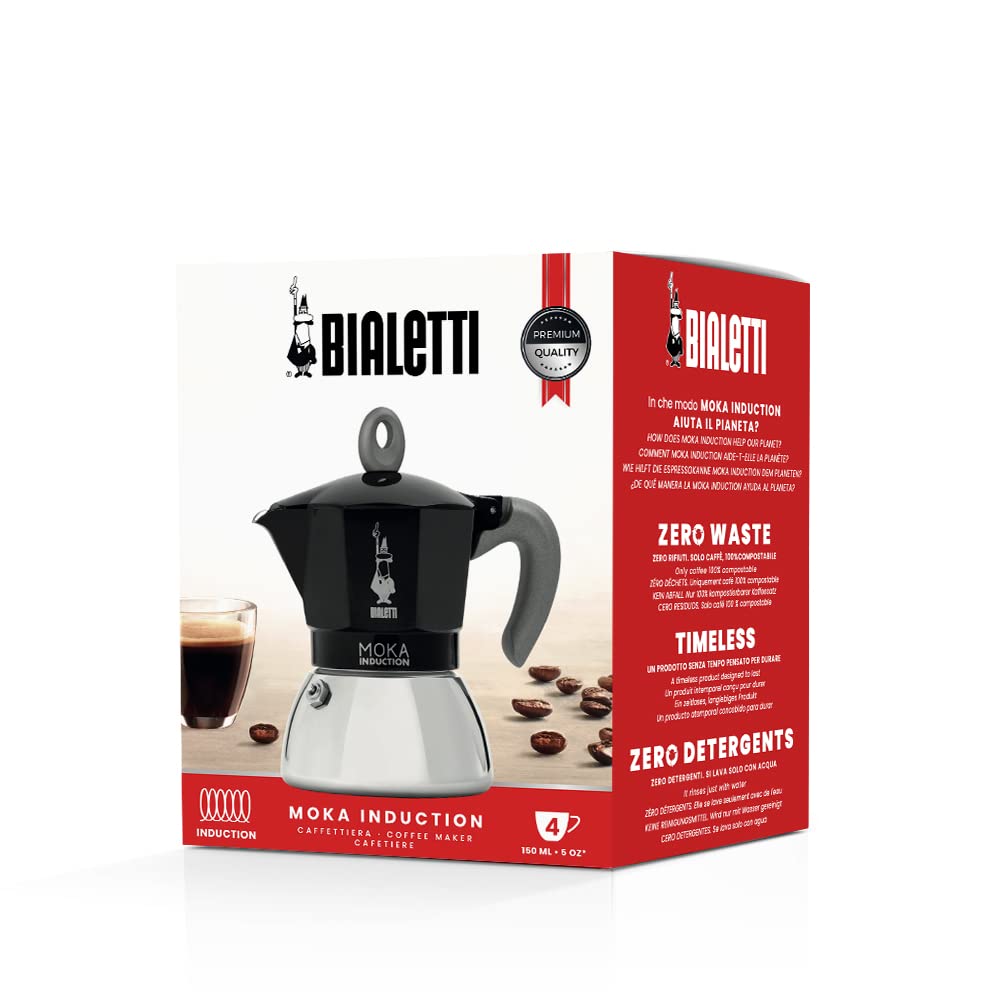 Bialetti - Moka a induzione, caffettiera moka, adatta a tutti i tipi di piani cottura, 4 tazze di caffè espresso (150 ml), nero