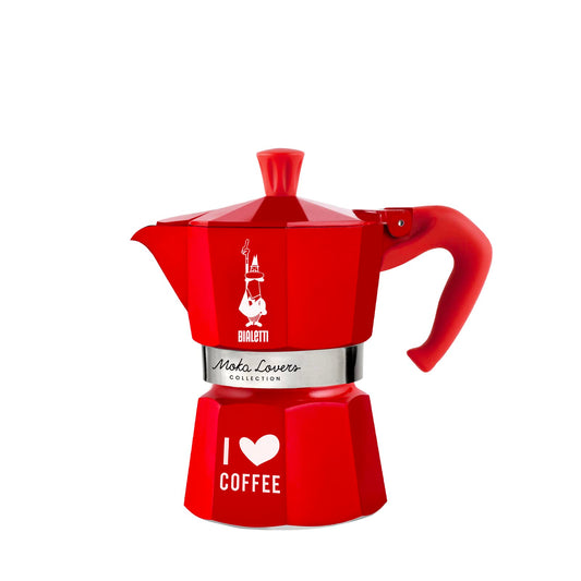 Bialetti Caffettiera Moka I Love Coffee 3 Tazze, Manico anti scottatura, Non adatta a induzione, 3 Tazze (130 ml), Limited Edition Rosso