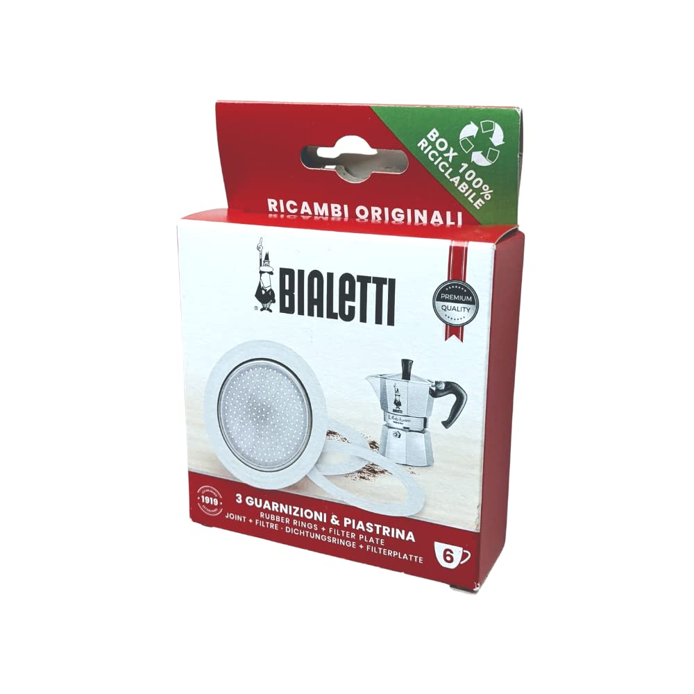 Bialetti Ricambi, Include 3 Guarnizioni e 1 Piastrina, Compatibili con Moka Express, Fiammetta, Break, Happy, Dama, Moka Timer e Rainbow (6 Tazze)
