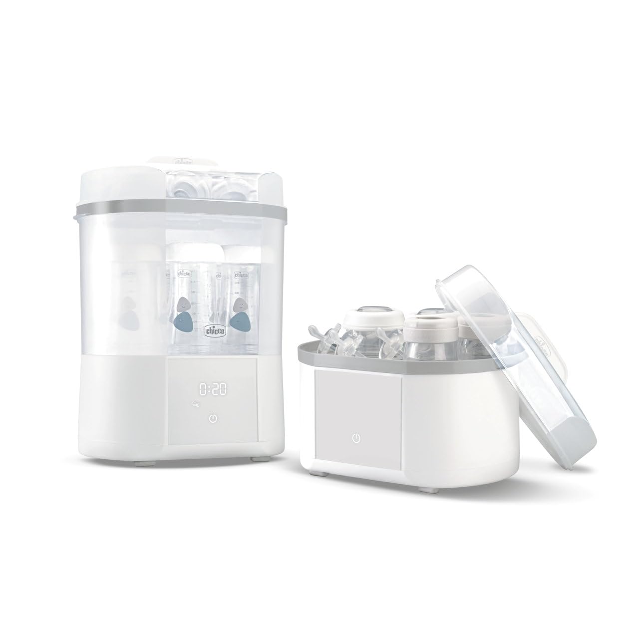 Chicco Sterilizzatore Elettrico, Sterilizzatore Biberon, Tiralatte e Ciuccio, con 3 Configurazioni e 3 Cicli di Utilizzo, Funzione Asciugatura, Adatto al Microonde, Fino a 6 Biberon da 330 ml, Bianco