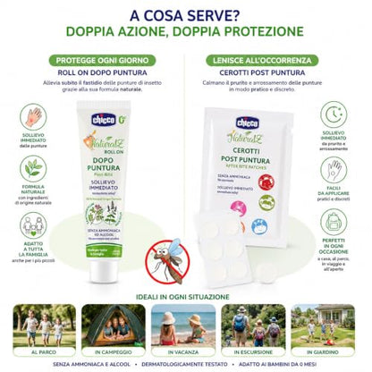 Chicco Dopo Puntura 10 ml + 30 Cerotti Dopopuntura, Formula Delicata Senza Alcol, per Bambini | Sollievo dopo la puntura degli insetti