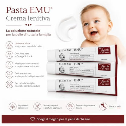 confezioni di Fiocchi di riso Pasta EMU® Crema Lenitiva con Aloe Vera e Omega 3, 6 e 9, per Pelli Sensibili