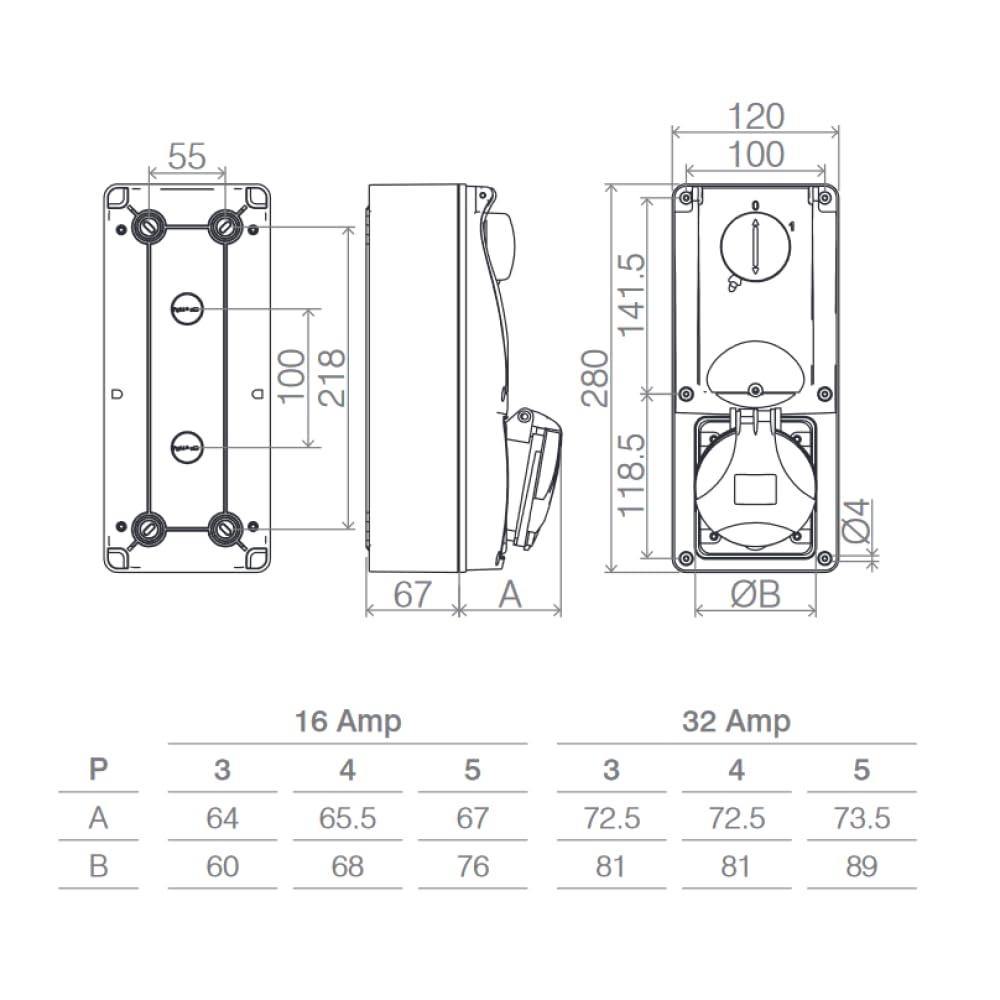 Presa interbloccata verticale con sezionatore interruttore, con fondo, con interruttore magnetotermico, 220V 230V, 3 poli 2P+T, 32A, IP54 - Rosi 16.3234B6MT