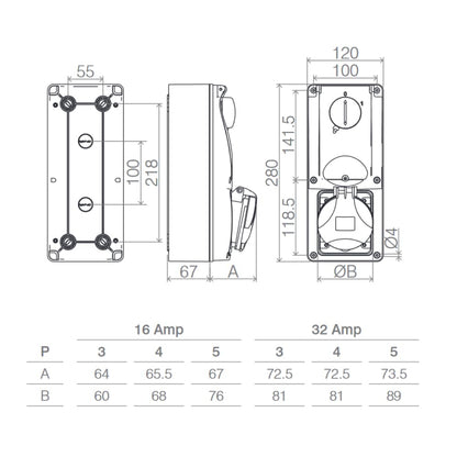 Presa interbloccata verticale con sezionatore interruttore, con fondo, con interruttore magnetotermico, 220V 230V, 3 poli 2P+T, 32A, IP54 - Rosi 16.3234B6MT