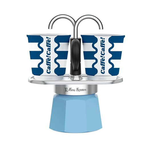 Bialetti Mini Express, Caffettiera 2 Tazze con Set Tazzine Caffè, Azzurra, Collezione Dolce Vita