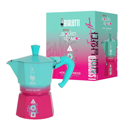 Bialetti Moka Express Squid Game© 3 Tazze, Manico Antiscottatura, Non Adatto all'Induzione, 130ml, Alluminio