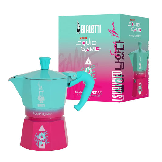 Bialetti Moka Express Squid Game© 3 Tazze, Manico Antiscottatura, Non Adatto all'Induzione, 130ml, Alluminio